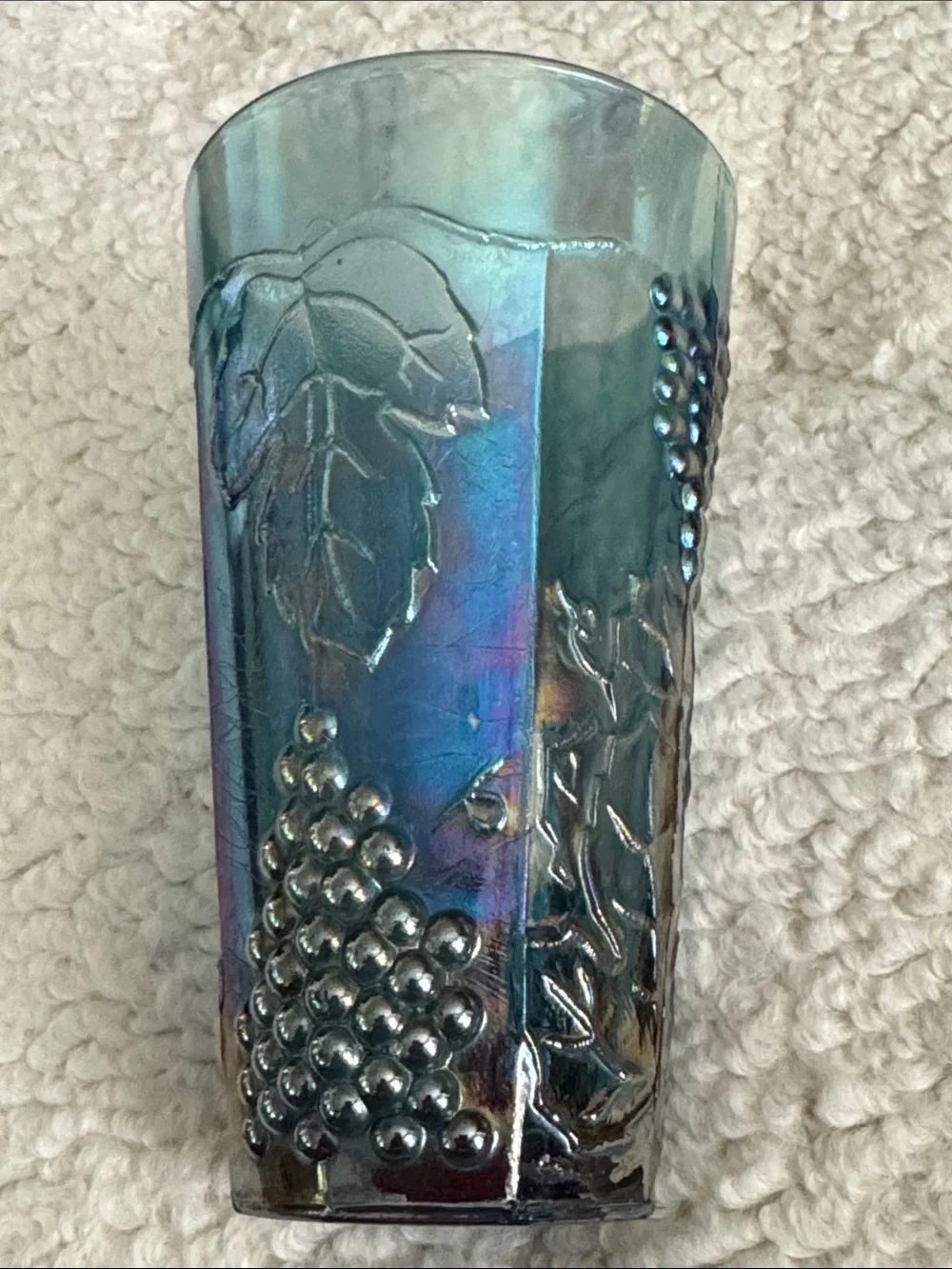 Indiana Glass tumbler Harvest Grape featuring a distinctive blue carnival glass